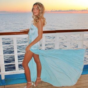 Annabel strapless satin maxi dress blue